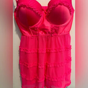La Senza Pin Up push up baby doll neon pink USM mesh frills corset bedroom rare